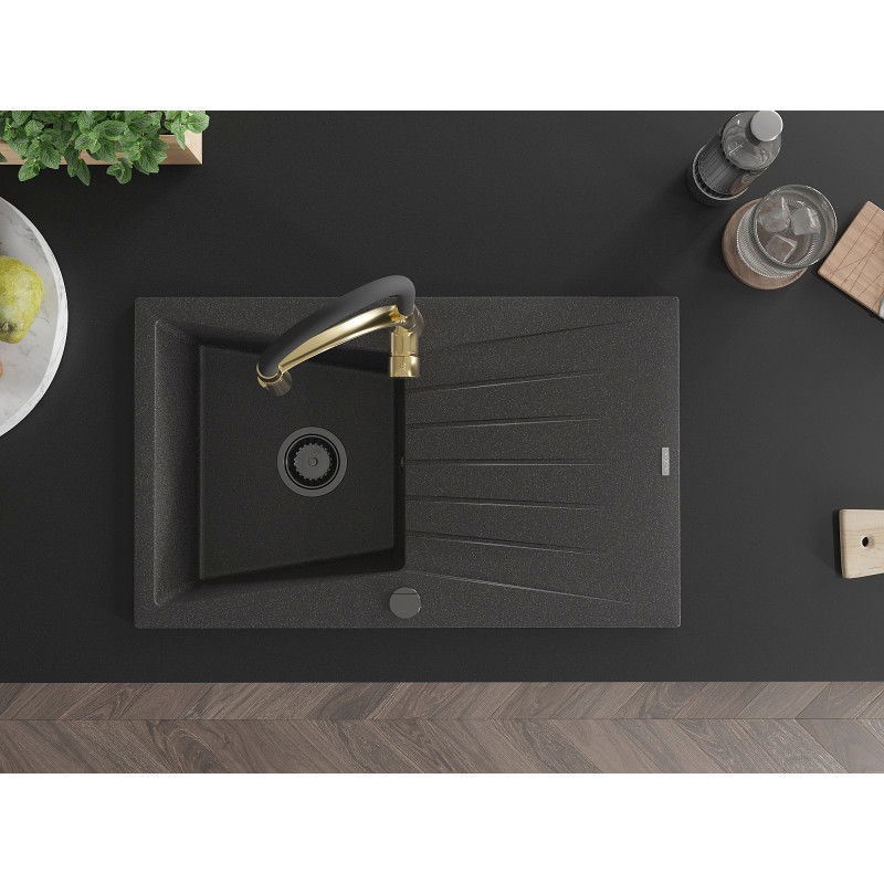 Mexen Cesar granitinė vieno dubens plautuvė su nusausintuvu ir virtuviniu maišytuvu Aster, juodas dėmėtas