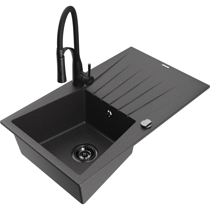 Mexen Cesar granitinė vienos kameros plautuvė su nusausintuvu ir virtuviniu maišytuvu Aster, juodas taškuotas