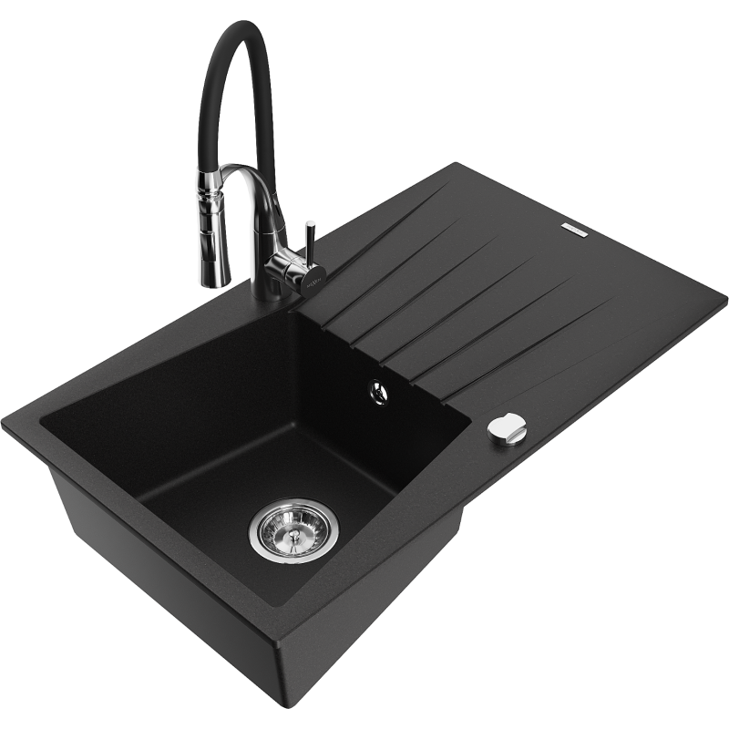 Mexen Cesar granitinė vienos kameros plautuvė su nutekėjimu ir virtuviniu maišytuvu Aster, juoda - 6514-77-73450-07