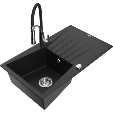 Mexen Cesar granitinė vienos kameros plautuvė su nutekėjimu ir virtuviniu maišytuvu Aster, juoda - 6514-77-73450-07