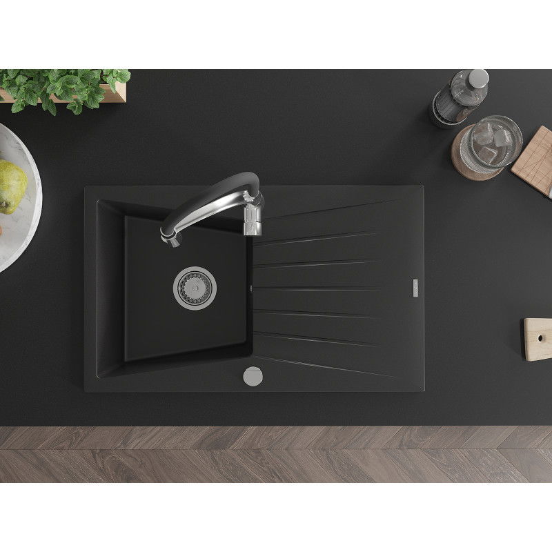 Mexen Cesar granitinė vienos kameros plautuvė su nutekėjimu ir virtuviniu maišytuvu Aster, juoda - 6514-77-73450-07