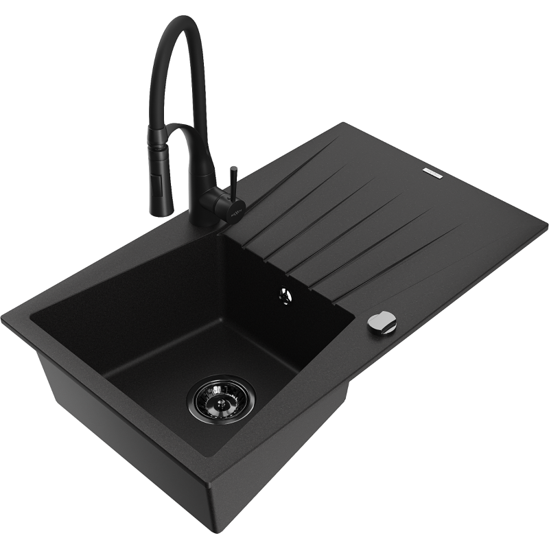 Mexen Cesar granito kriauklė vienos kameros su nutekėjimu ir virtuvės maišytuvu Aster, juoda - 6514-77-73450-70-B