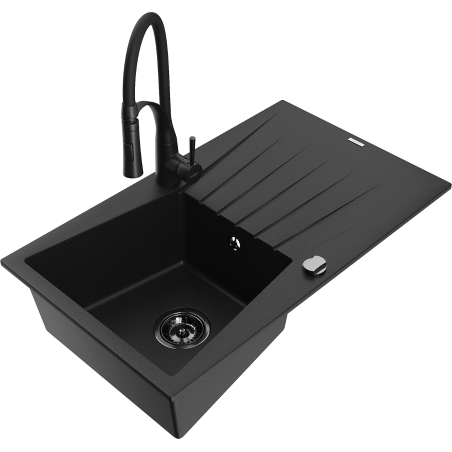 Mexen Cesar granito kriauklė vienos kameros su nutekėjimu ir virtuvės maišytuvu Aster, juoda - 6514-77-73450-70-B