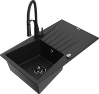 Mexen Cesar granito kriauklė vienos kameros su nutekėjimu ir virtuvės maišytuvu Aster, juoda - 6514-77-73450-70-B