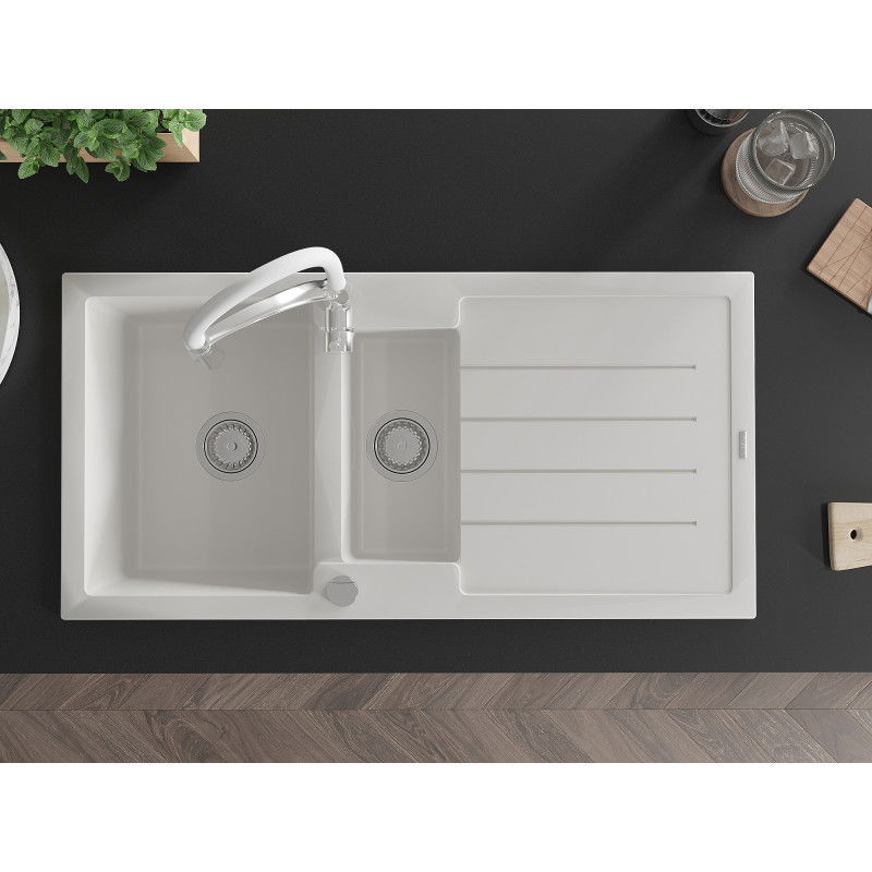 Mexen Andres granitinė virtuvės plautuvė 1,5 kamerų su nusausintuvu ir virtuvės maišytuvu Aster, balta - 6515-20-73450-02