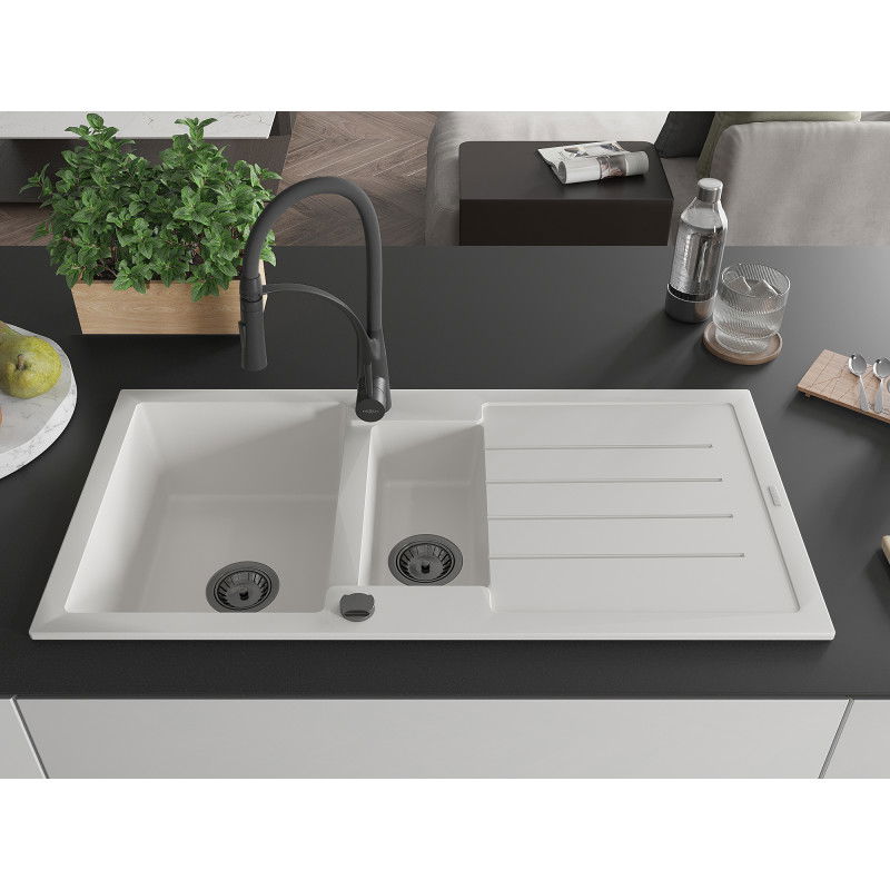 Mexen Andres granito virtuvinis plautuvas 1,5-dubens su nutekėjimu ir virtuviniu maišytuvu Aster, baltas - 6515-20-73450-70-B
