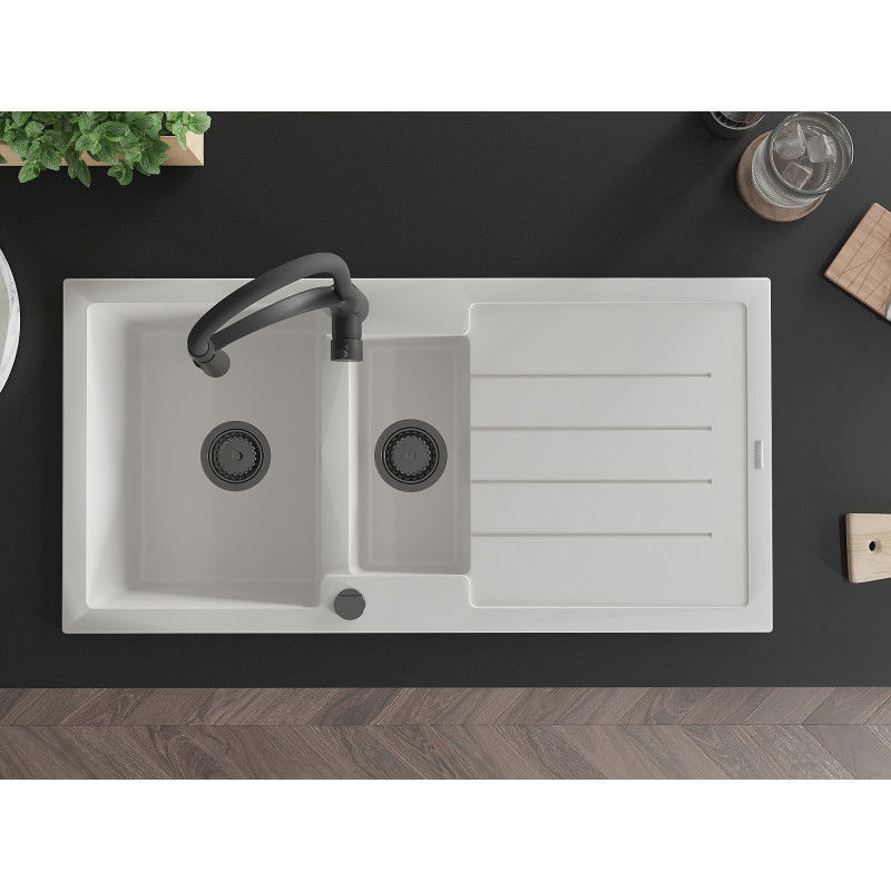 Mexen Andres granito virtuvinis plautuvas 1,5-dubens su nutekėjimu ir virtuviniu maišytuvu Aster, baltas - 6515-20-73450-70-B