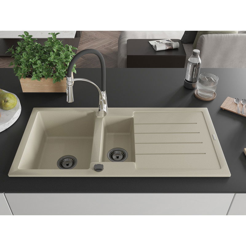 Mexen Andres granitinė kriauklė 1,5 skylių su nubėgimu ir virtuviniu maišytuvu Aster, smėlio spalvos - 6515-69-73450-07-B