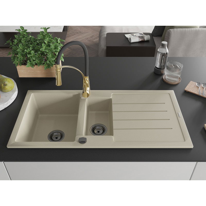 Mexen Andres granitinė 1,5 skylių kriauklė su nusausintuvu ir virtuviniu maišytuvu Aster, smėlinė - 6515-69-73450-57-B