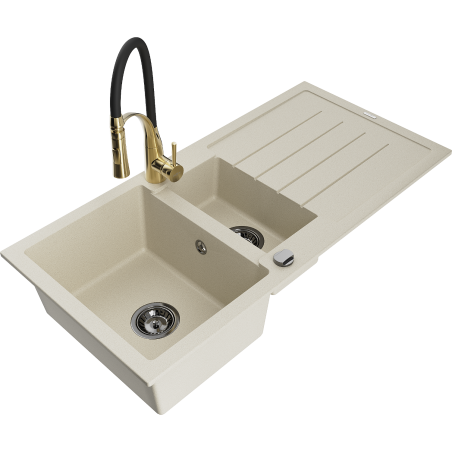 Mexen Andres 1,5 kamerų granitinis kriauklė su nutekėjimu ir Aster virtuvės maišytuvu, smėlio spalvos - 6515-69-73450-57-B