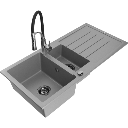 Mexen Andres granito plautuvė 1,5 kameros su nutekėjimu ir virtuviniu maišytuvu Aster, pilka - 6515-71-73450-07-B