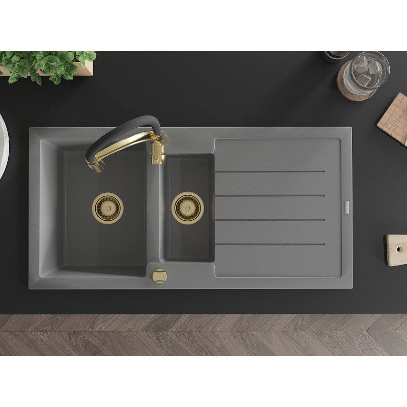 Mexen Andres granitinė kriauklė 1,5 skyriaus su plautuve ir virtuvine maišytuvu Aster, pilka - 6515-71-73450-57-G