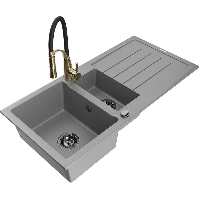 Mexen Andres granitinis 1,5 kamerų kriauklė su nusausintuvu ir virtuviniu maišytuvu Aster, pilkas - 6515-71-73450-57-B