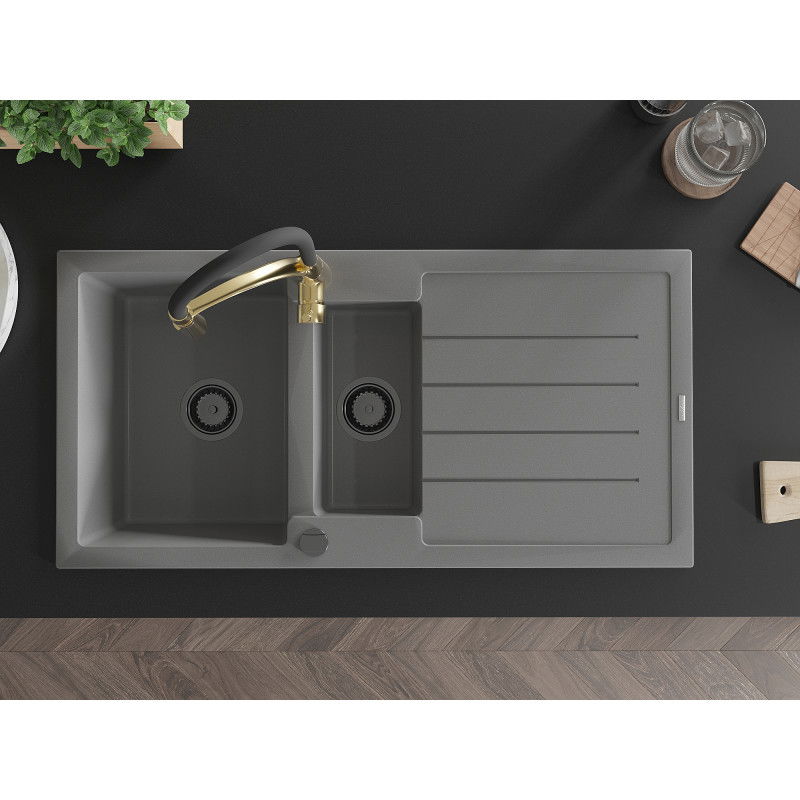 Mexen Andres granitinis 1,5 kamerų kriauklė su nusausintuvu ir virtuviniu maišytuvu Aster, pilkas - 6515-71-73450-57-B