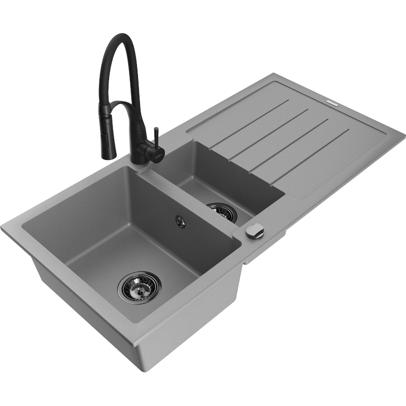 Mexen Andres granitinis 1,5 kameros plautuvė su nutekamuoju padėklu ir virtuviniu maišytuvu Aster, pilkas - 6515-71-73450-70-B