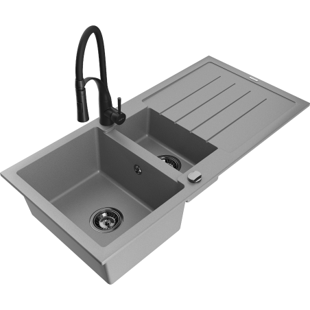 Mexen Andres granitinis 1,5 kameros plautuvė su nutekamuoju padėklu ir virtuviniu maišytuvu Aster, pilkas - 6515-71-73450-70-B