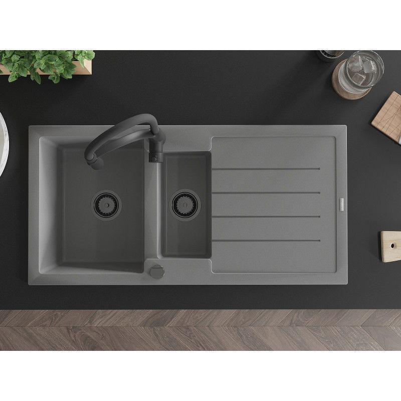 Mexen Andres granitinis 1,5 kameros plautuvė su nutekamuoju padėklu ir virtuviniu maišytuvu Aster, pilkas - 6515-71-73450-70-B