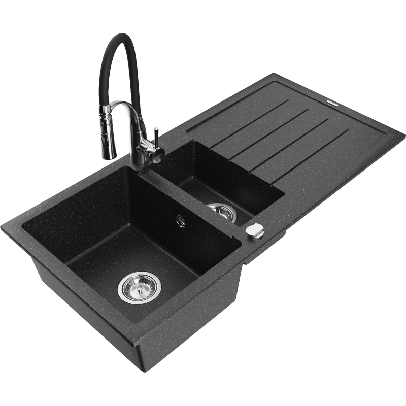 Mexen Andres granitinė 1,5 kamerų plautuvė su nusausintuvu ir virtuvės maišytuvu Aster, juoda/sidabrinė metalika