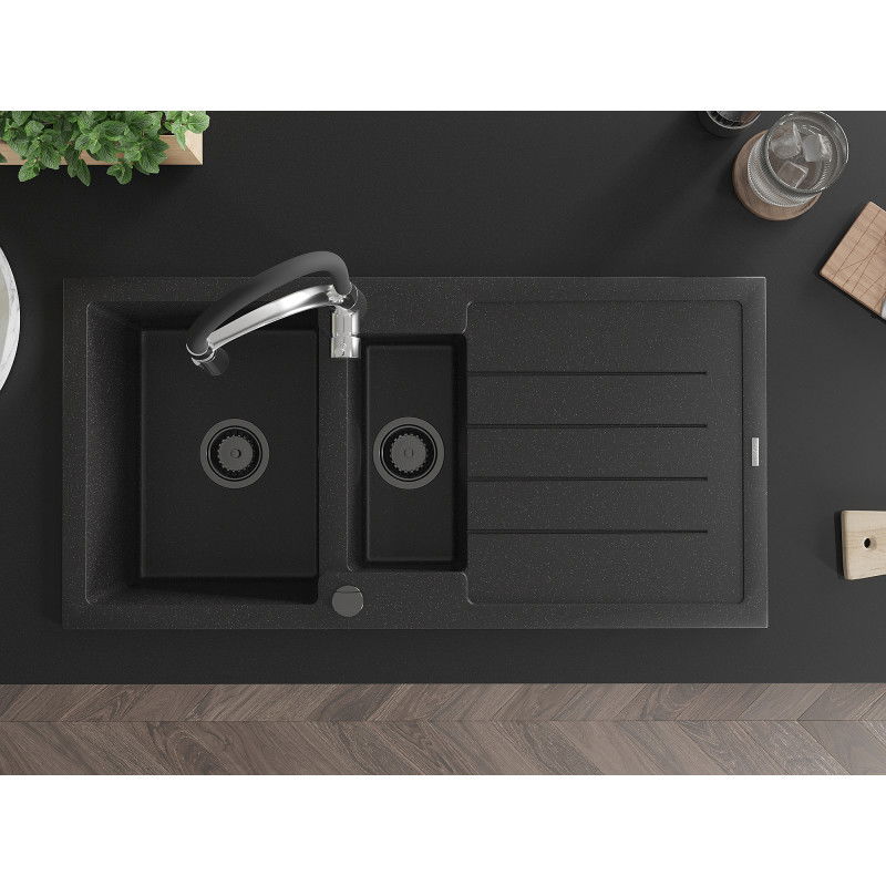 Mexen Andres 1,5 kamerų granito kriauklė su nusausintuvu ir Aster virtuvės maišytuvu, juoda/sidabrinė - 6515-73-73450-07-B