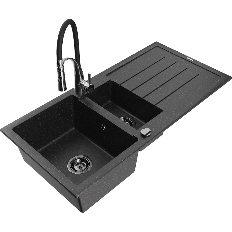 Mexen Andres 1,5 kamerų granito kriauklė su nusausintuvu ir Aster virtuvės maišytuvu, juoda/sidabrinė - 6515-73-73450-07-B