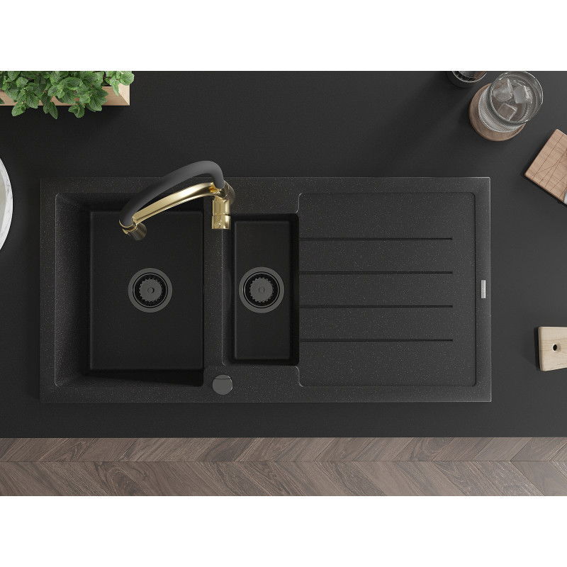Mexen Andres granitinė plautuvė 1,5 skylių su nuvarvėjimu ir virtuvės maišytuvu Aster, juoda/sidabrinė - 6515-73-73450-57-B