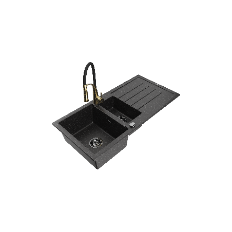 Mexen Andres granitinė plautuvė 1,5 skylių su nuvarvėjimu ir virtuvės maišytuvu Aster, juoda/sidabrinė - 6515-73-73450-57-B