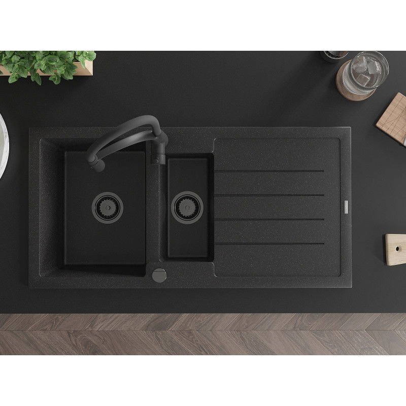 Mexen Andres granitinė 1,5 kamerų kriauklė su nusausintuvu ir virtuviniu maišytuvu Aster, juoda/sidabrinė