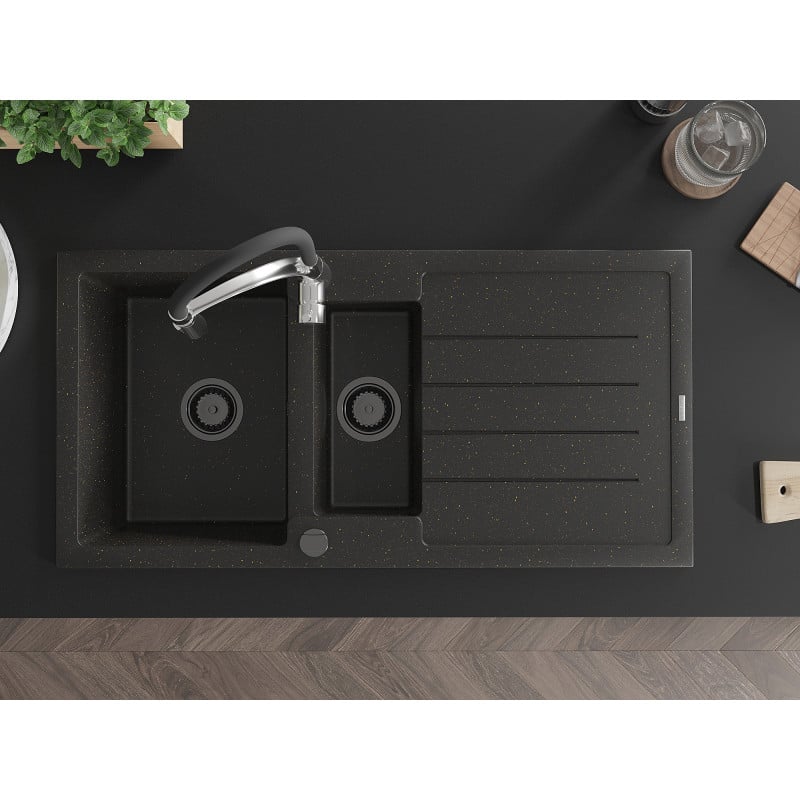 Mexen Andres granitinė 1,5 kamerų kriauklė su nusausintuvu ir virtuviniu maišytuvu Aster, juoda/auksinė metalinė