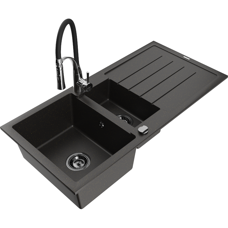 Mexen Andres granitinė 1,5 kamerų kriauklė su nusausintuvu ir virtuviniu maišytuvu Aster, juoda/auksinė metalinė