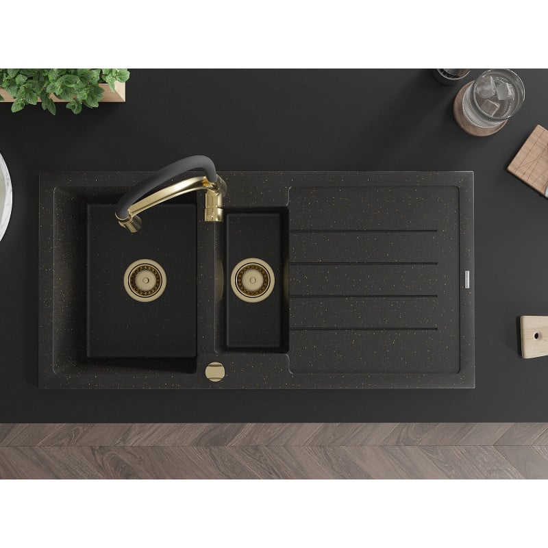 Mexen Andres granitinė plautuvė su 1,5 dubeniu, nutekėjimu ir virtuviniu maišytuvu Aster, juodas/auksinis metalikas
