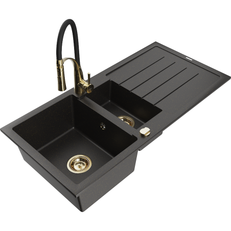 Mexen Andres granitinė plautuvė su 1,5 dubeniu, nutekėjimu ir virtuviniu maišytuvu Aster, juodas/auksinis metalikas