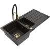 Mexen Andres granitinė plautuvė su 1,5 dubeniu, nutekėjimu ir virtuviniu maišytuvu Aster, juodas/auksinis metalikas