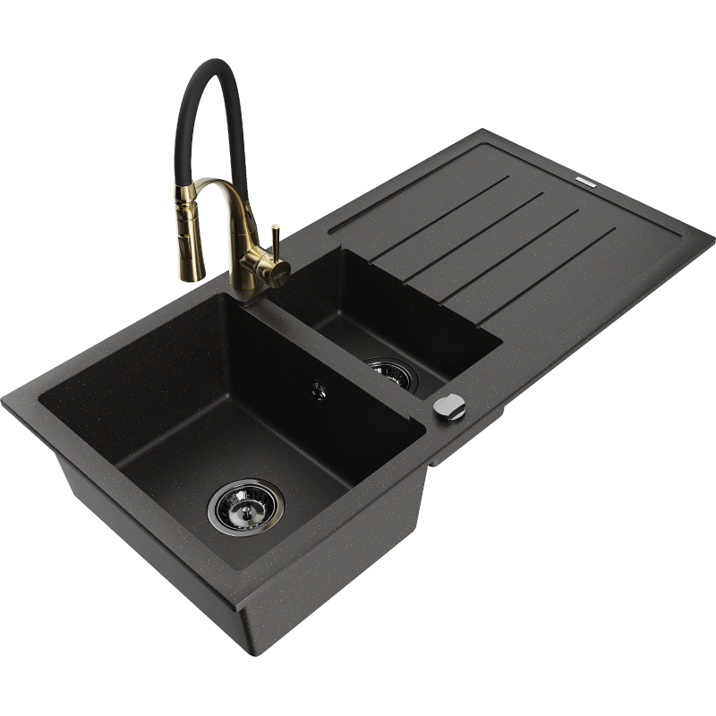 Mexen Andres granitinė 1,5 skylių plautuvė su nutekėjimu ir virtuviniu maišytuvu Aster, juoda/auksinis metalikas