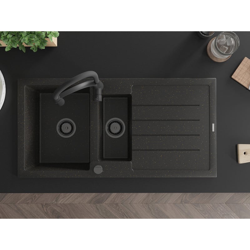 Mexen Andres granitinė 1,5 kamerų kriauklė su nusausintuvu ir virtuvės maišytuvu Aster, juoda/aukso metalikas