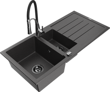 Mexen Andres granitinė kriauklė 1,5 skyrelio su nutekėjimu ir virtuviniu maišytuvu Aster, juoda dėmėta - 6515-76-73450-07-B