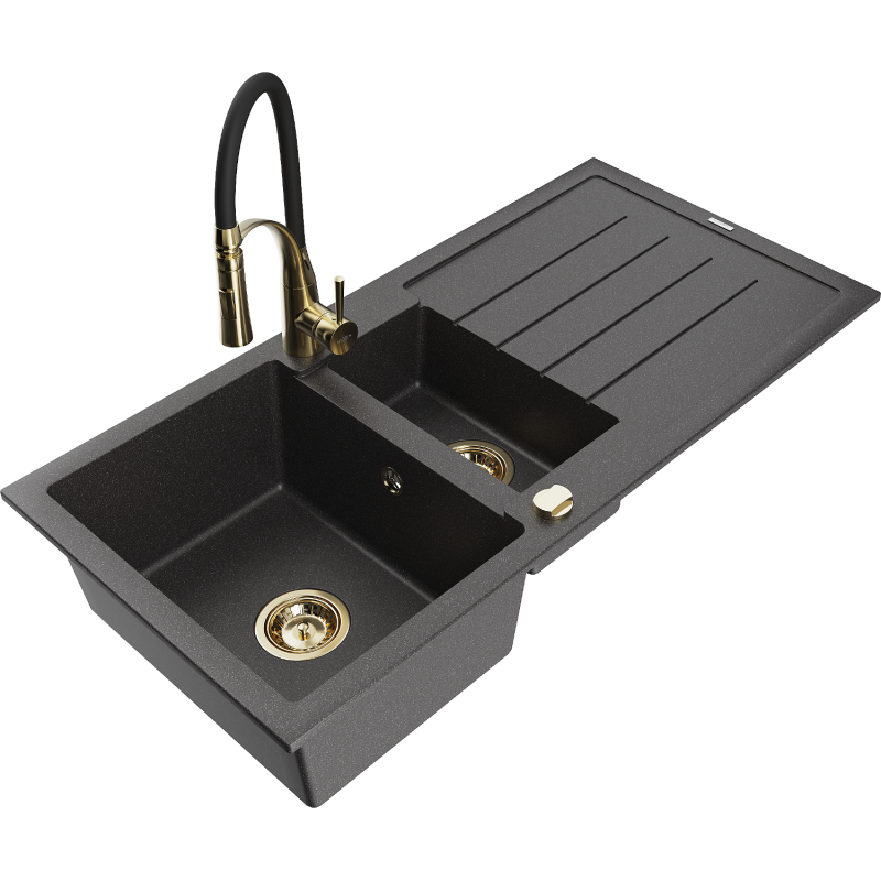 Mexen Andres granitinė 1,5 kamerų plautuvė su nusausintuvu ir virtuviniu maišytuvu Aster, juoda su taškeliais