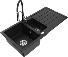 Mexen Andres granitinė kriauklė su 1,5 skyrelio su nusausintuvu ir virtuviniu maišytuvu Aster, juoda - 6515-77-73450-07