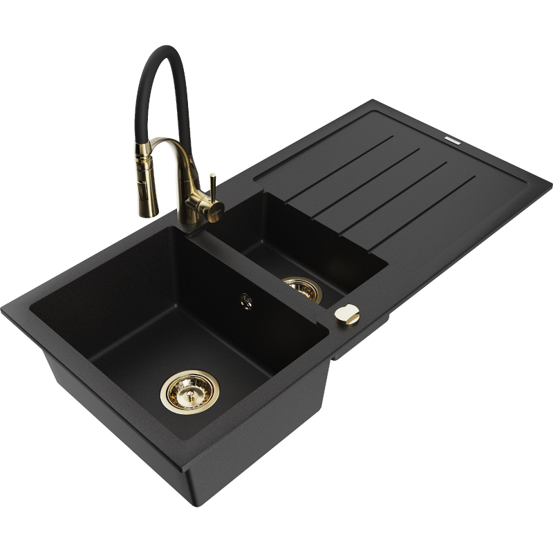 Mexen Andres grindinis 1,5 sekcijų plautuvas su nuvarvėjimo lentyna ir virtuviniu maišytuvu Aster, juodas