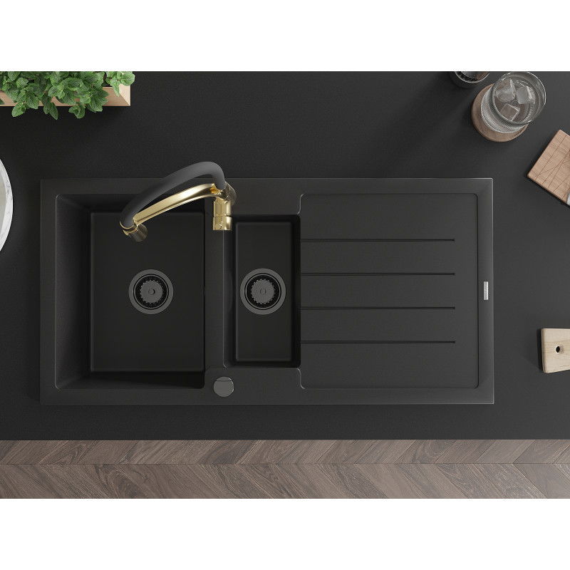 Mexen Andres granitinis plautuvė 1,5 kamerų su nuvarvėtoju ir virtuviniu maišytuvu Aster, juodas - 6515-77-73450-57-B