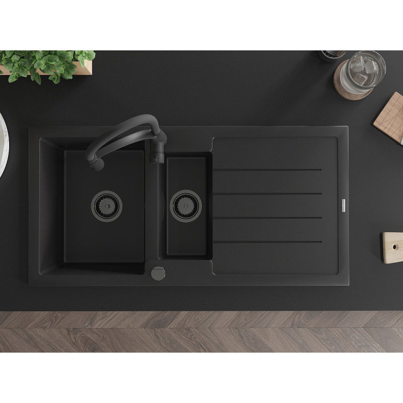 Mexen Andres granitinė 1,5 skylių virtuvės kriauklė su drenažu ir virtuvės maišytuvu Aster, juoda - 6515-77-73450-70-B