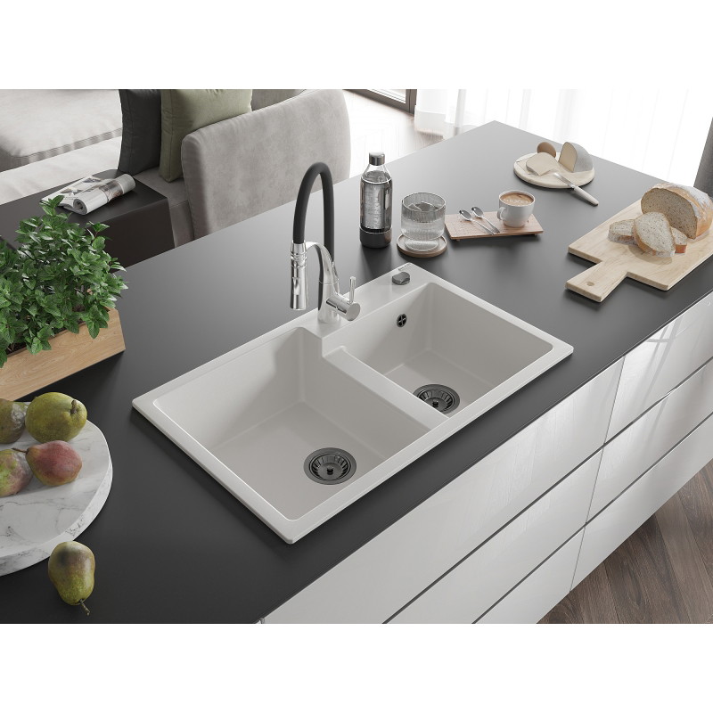 Mexen Tomas granitinė dviejų skylių plautuvė su Aster virtuviniu maišytuvu, balta - 6516-20-73450-07-B