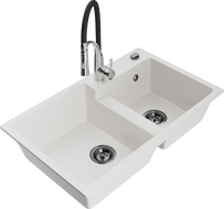 Mexen Tomas granito plautuvė su dviem kameromis ir virtuviniu maišytuvu Aster, baltas - 6516-20-73450-07-B