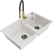 Mexen Tomas granitinis dviejų skyrių plautuvė su virtuviniu maišytuvu Aster, balta - 6516-20-73450-57-B