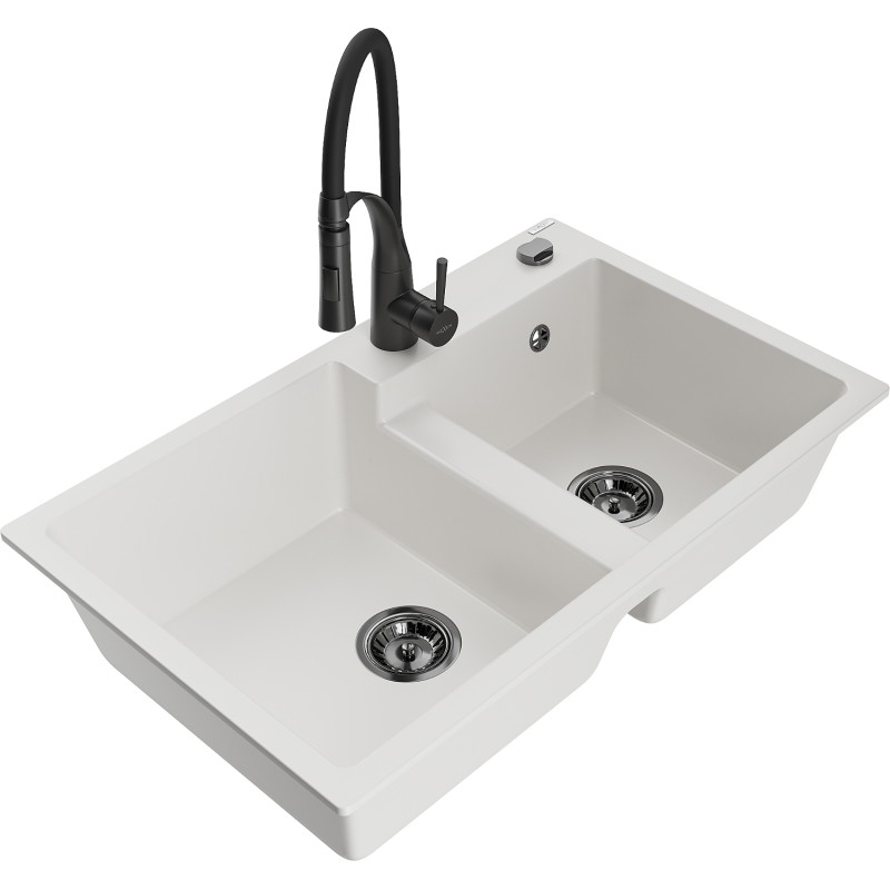 Mexen Tomas granitinė dviejų skyrių plautuvė su virtuviniu maišytuvu Aster, balta - 6516-20-73450-70-B