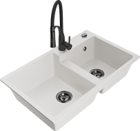 Mexen Tomas granito kriauklė dviejų skyrelių su virtuviniu maišytuvu Aster, balta - 6516-20-73450-70-B