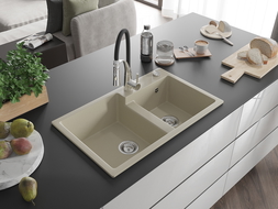 Mexen Tomas granitinė virtuvės plautuvė 2-jų kamerų su maišytuvu Aster, smėlinė - 6516-69-73450-07