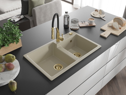 Mexen Tomas granitinė dviejų skyrių kriauklė su virtuviniu maišytuvu Aster, smėlio spalvos - 6516-69-73450-57-G