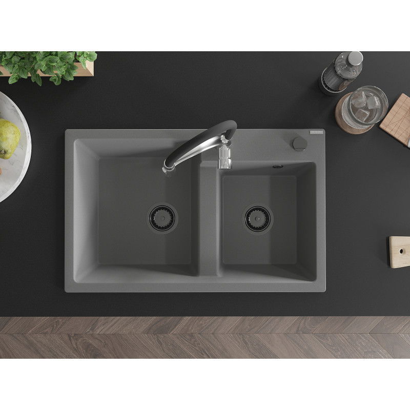 Mexen Tomas granitinė dviejų skylių kriauklė su virtuviniu maišytuvu Aster, pilka - 6516-71-73450-07-B