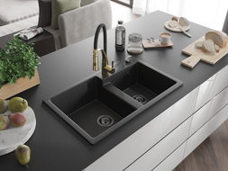 Mexen Tomas granito virtuvinis plautuvas su dviem kameromis ir virtuviniu čiaupu Aster, juodas/sidabrinis metalikas