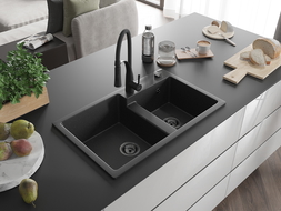 Mexen Tomas dviejų kamerų granitinis virtuvės kriauklė su maišytuvu Aster, juodas/sidabrinis metalikas - 6516-73-73450-70-B